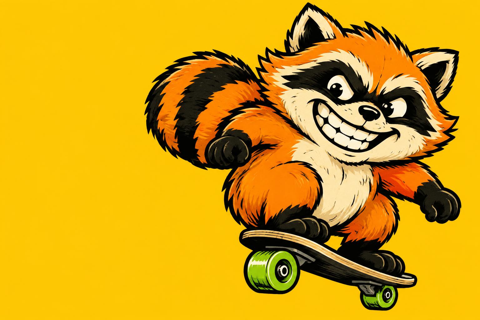 Original mischievous orange raccoon BONKERS riding his skateboard