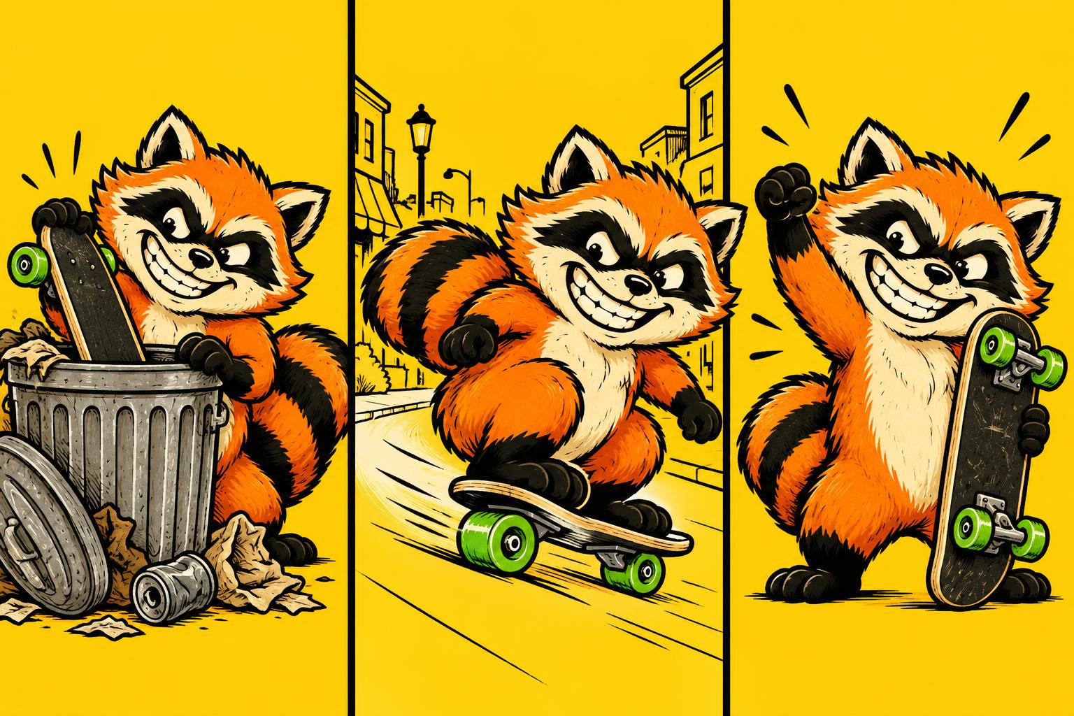 Three original BONKERS illustrations: finding a skateboard, cruising and celebrating