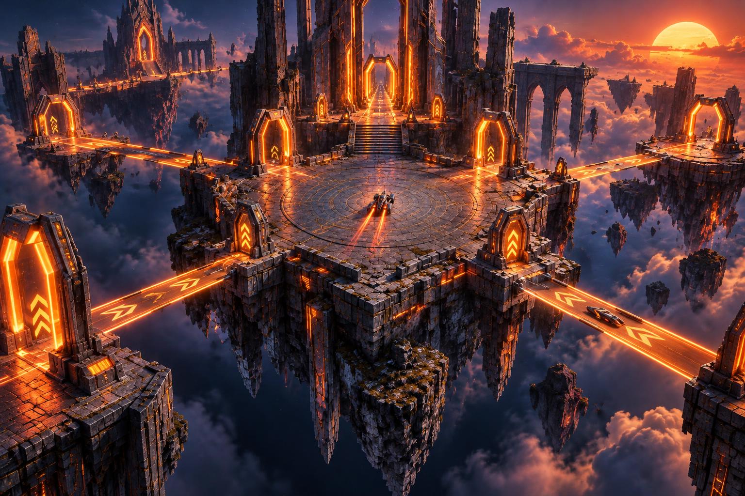Original illustrated midnight arena with glowing orange gates and racing craft